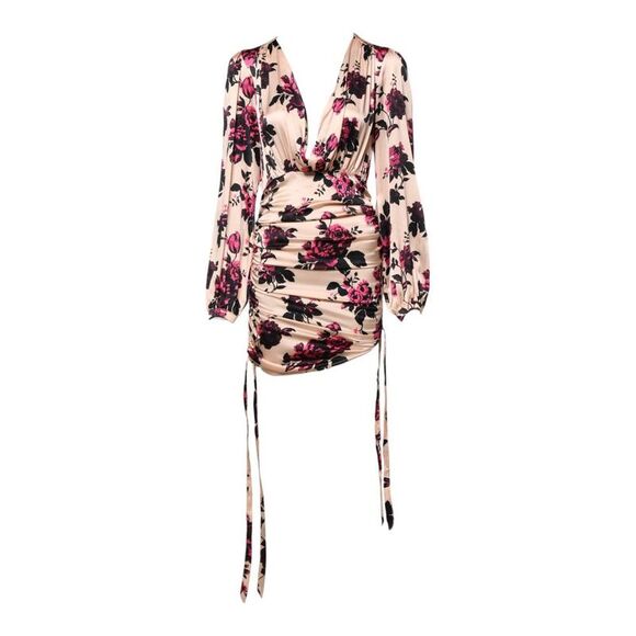Pre Loved Laneus Vintage Floral Silk Mini Dress with Side Ties Women Pink